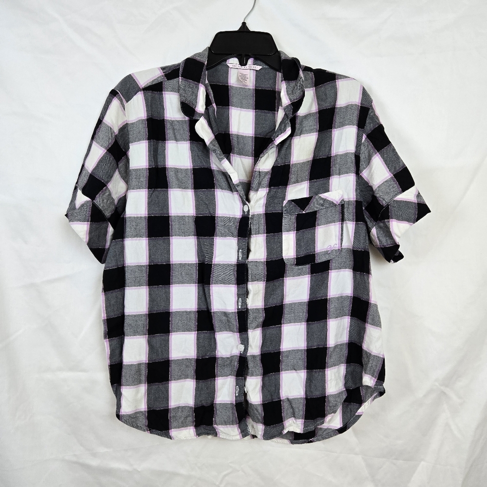 Victoria's Secret Black White Purple Plaid Short Sleeve Pocket Collared PJ Top L